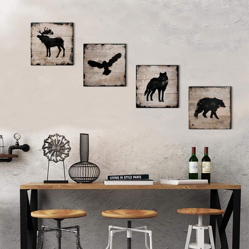 sunfrower Rustic Wildlife Wall Art Cabin Wall Decor Bear Pictures Woodland Animals Picture Farmhouse Moose Deer Canvas Painting Eagle Wolf Poster Nursery Artwork for Bedroom Lodge Home Decorations 12x12" 4P - Image 3